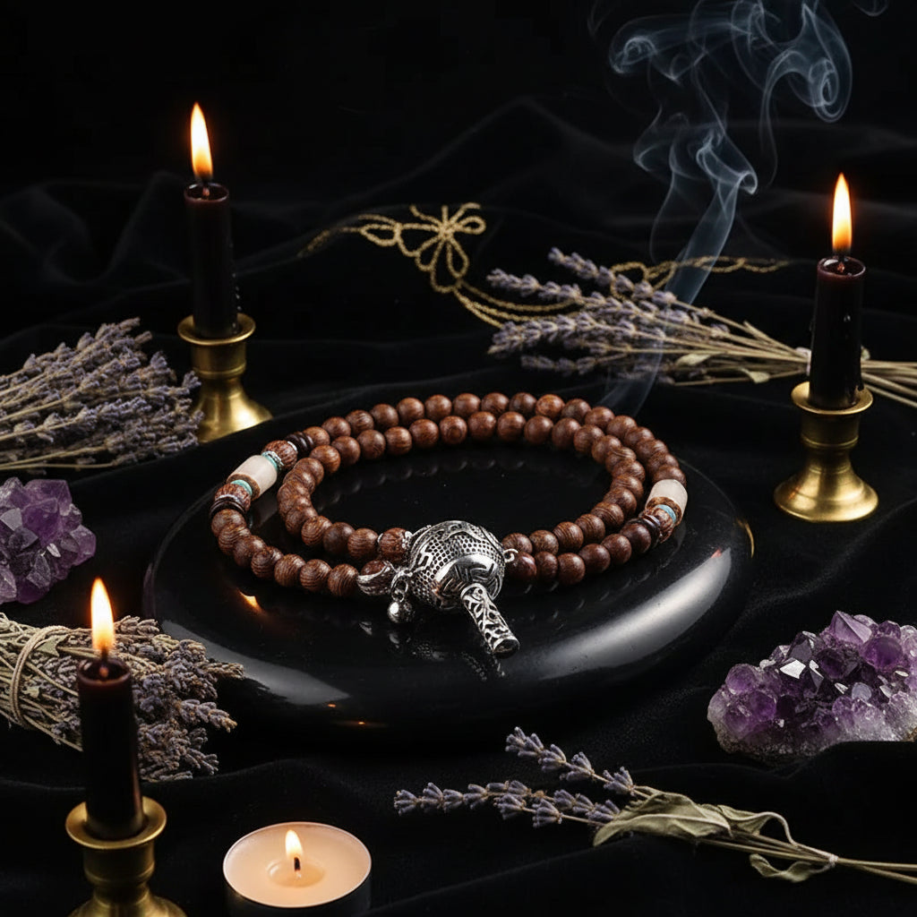 Tibetan Prayer Wheel Pendant Necklace with Wooden Beads Sorceress Sanctuary