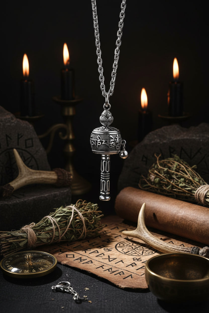 Tibetan Prayer Wheel Pendant Necklace with Wooden Beads Sorceress Sanctuary