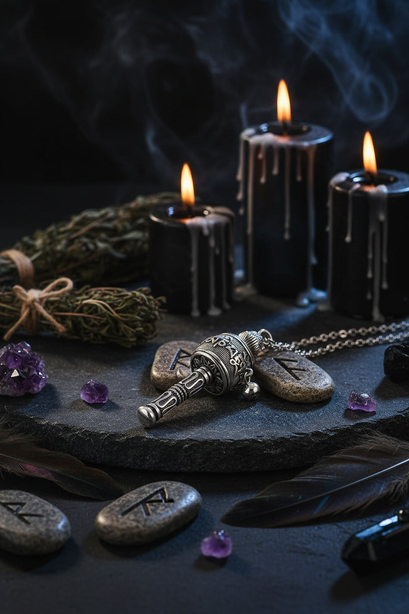 Tibetan Prayer Wheel Pendant Necklace with Wooden Beads Sorceress Sanctuary