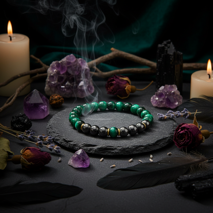 Green and black beaded bracelet on a white background