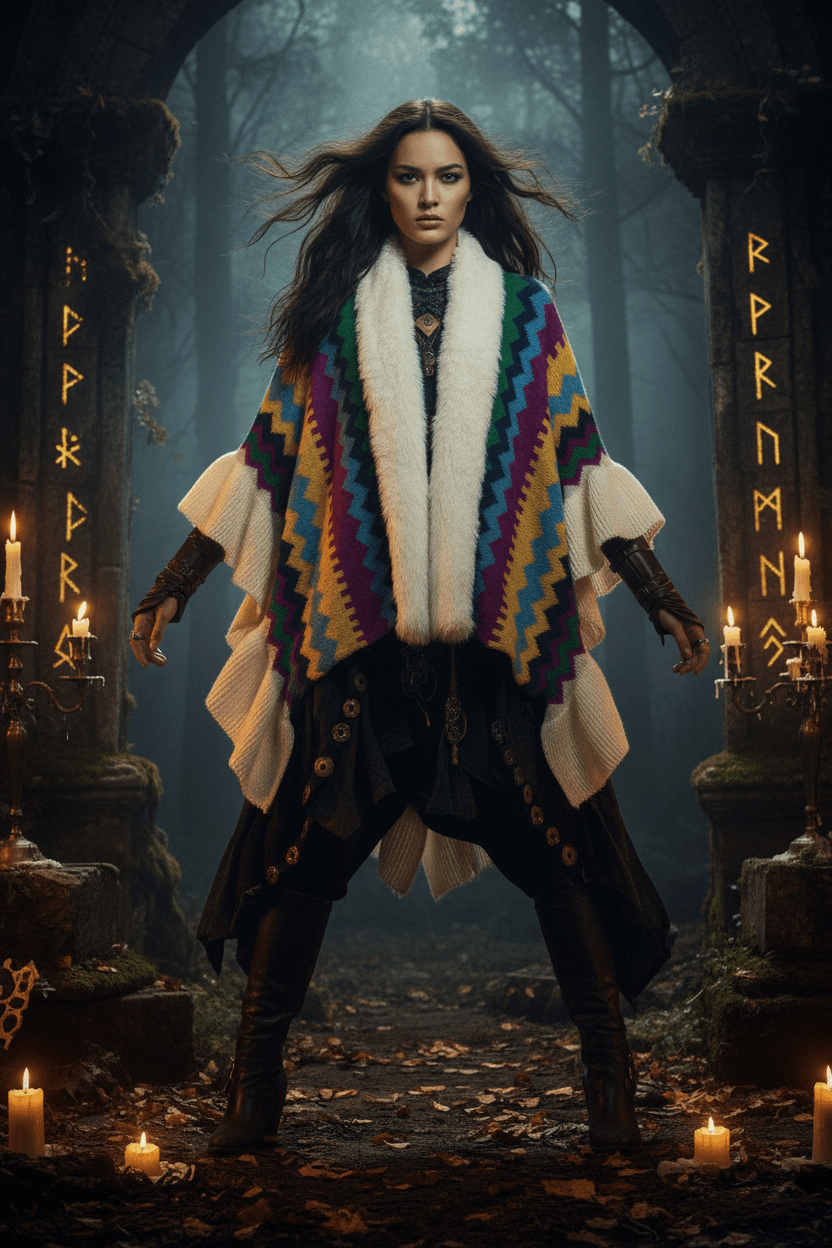 Colorful knitted shawl with zigzag pattern and white fur trim on a mannequin against a plain background.