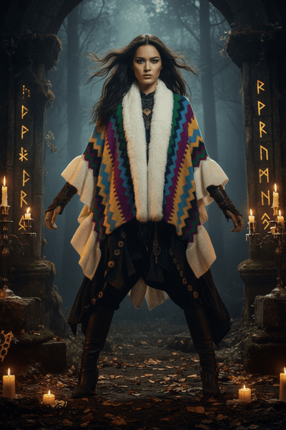 Colorful knitted shawl with zigzag pattern and white fur trim on a mannequin against a plain background.
