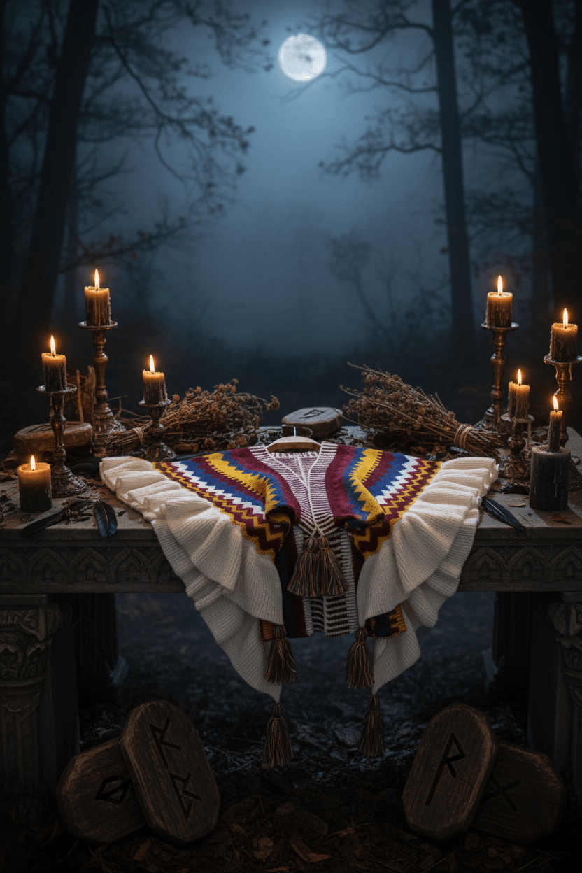 Colorful patterned shawl with tassels on a hanger against a neutral background