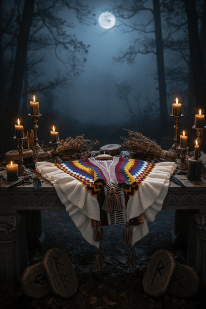 Colorful patterned shawl with tassels on a hanger against a neutral background