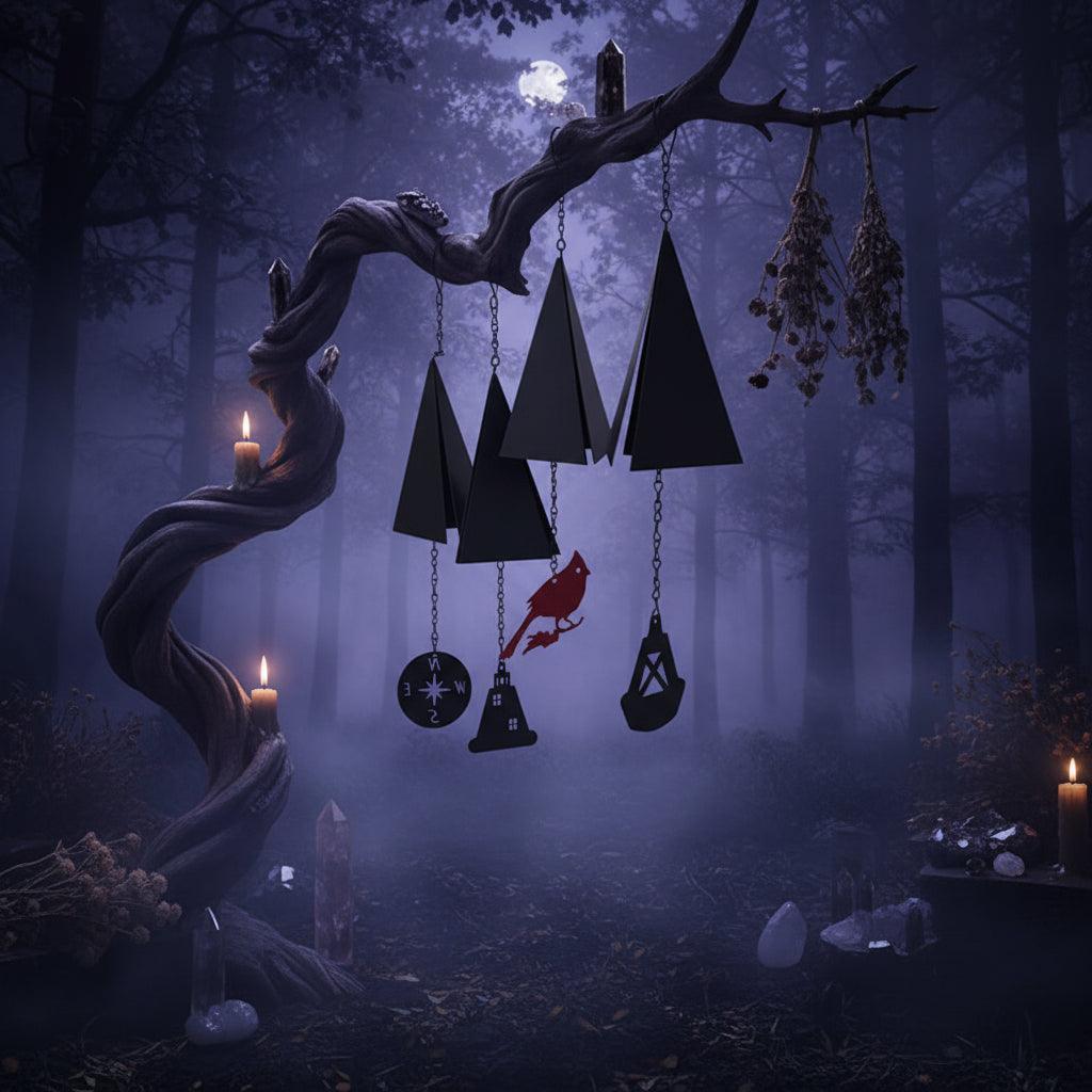 Decorative wind chimes hanging from a tree with a scenic background.