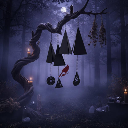 Decorative wind chimes hanging from a tree with a scenic background.
