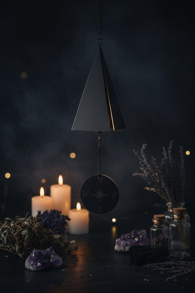 Black wind chime with compass design on a white background