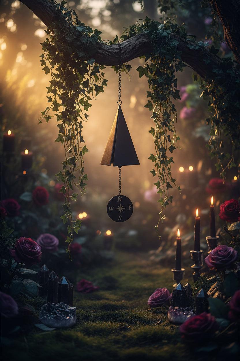 Black wind chime with compass design on a white background