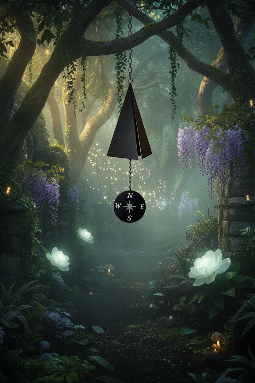 Black wind chime with compass design on a white background