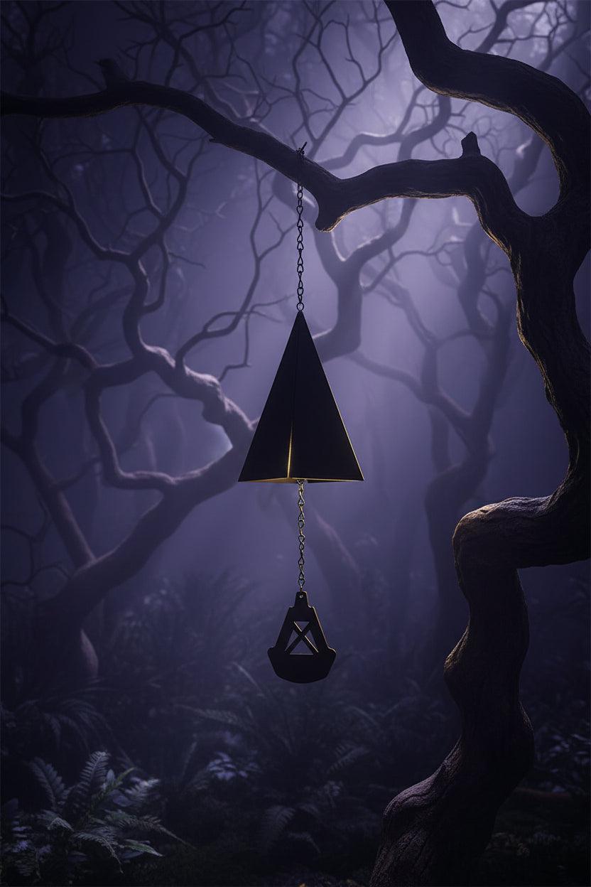 Black triangular object hanging from a tree with cars and a road in the background