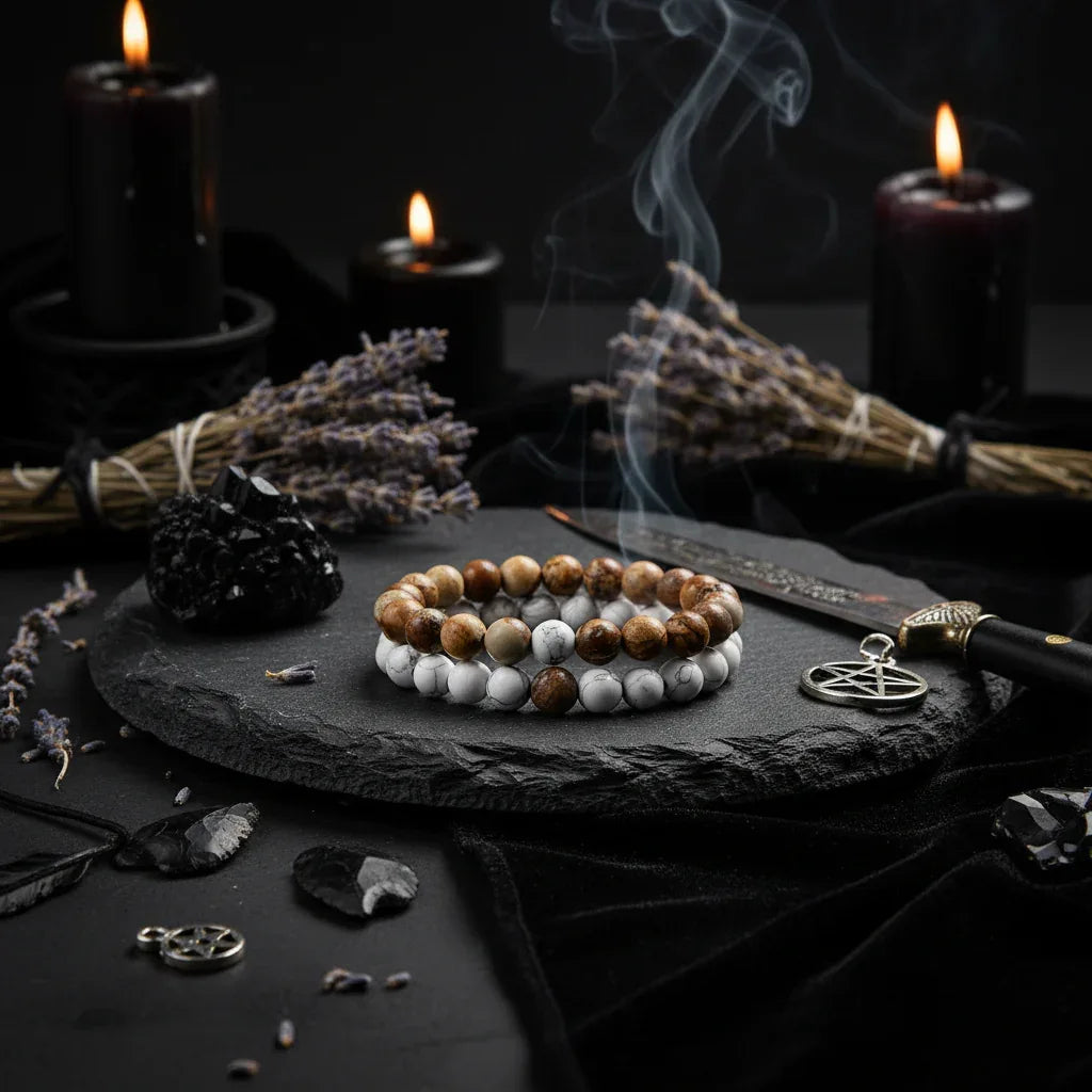 Twin Flame Bracelets - Sorceress Sanctuary Yellow Tiger + Matte Black / 19cm-Blue pine + matte black / 19cm-Red pine + matte black / 19cm-Volcanic stone + yellow tiger / 19cm-Map + Matte Black / 19cm