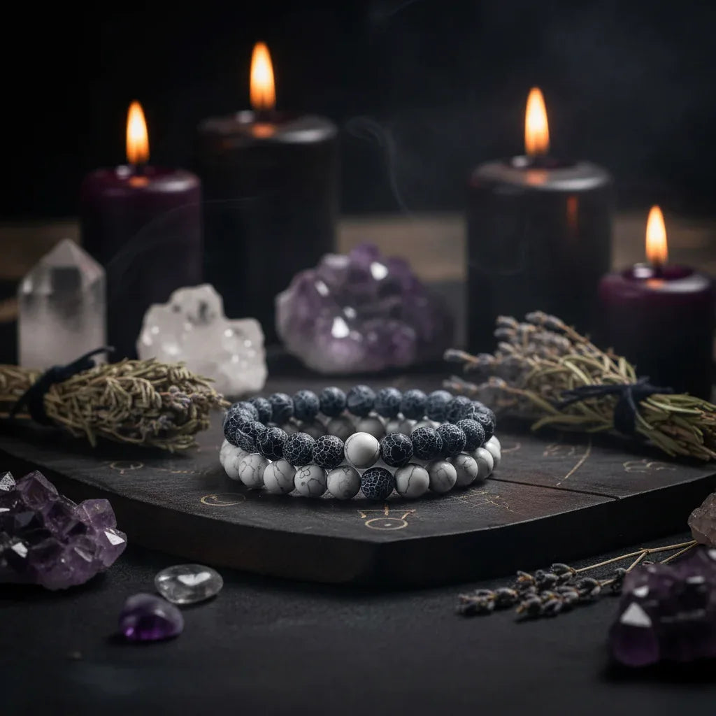 Twin Flame Bracelets - Sorceress Sanctuary Yellow Tiger + Matte Black / 19cm-Blue pine + matte black / 19cm-Red pine + matte black / 19cm-Volcanic stone + yellow tiger / 19cm-Map + Matte Black / 19cm