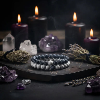 Twin Flame Bracelets - Sorceress Sanctuary Yellow Tiger + Matte Black / 19cm-Blue pine + matte black / 19cm-Red pine + matte black / 19cm-Volcanic stone + yellow tiger / 19cm-Map + Matte Black / 19cm