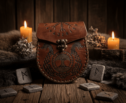 Brown leather pouch with embossed designs and keychain on fur background