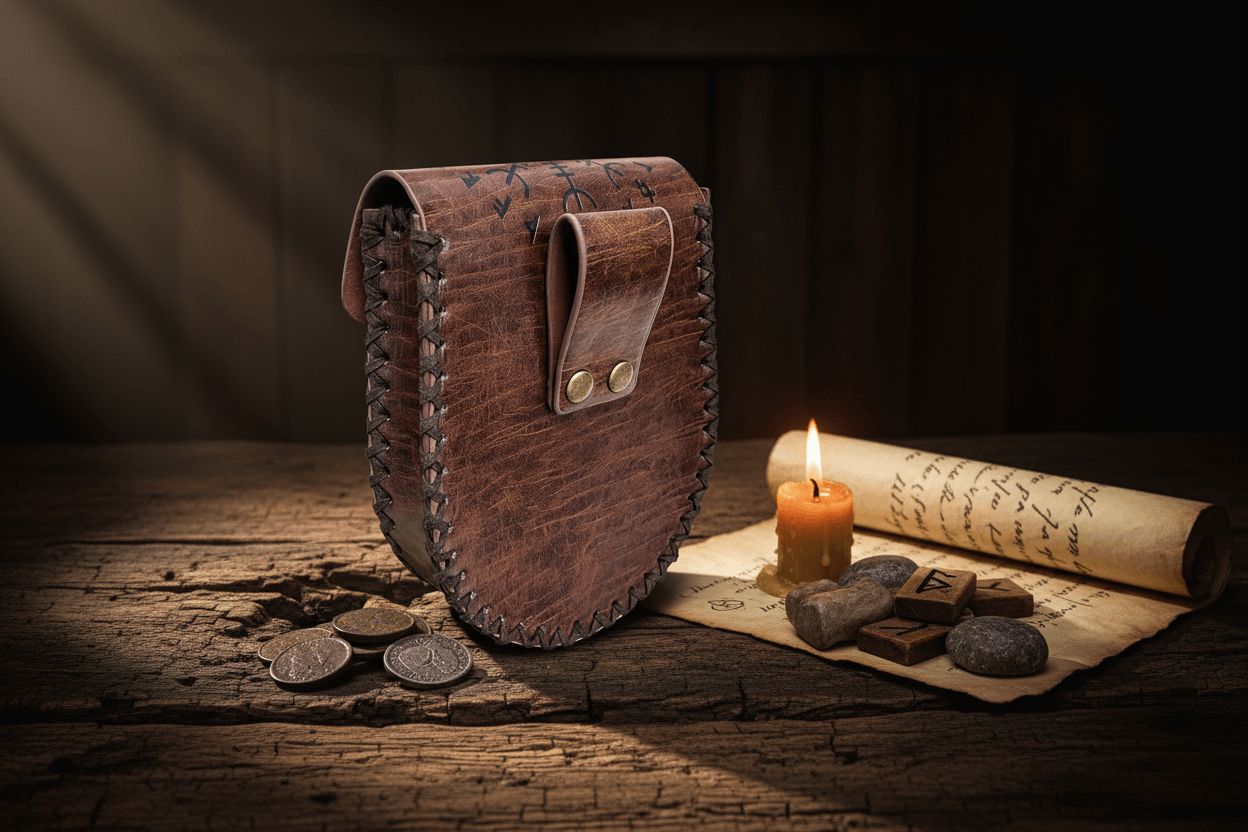 Brown leather bag with decorative stitching and a buckle on a white background