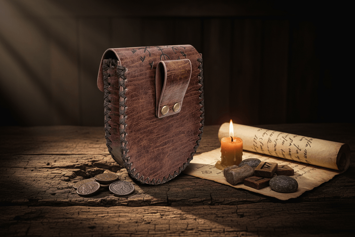 Brown leather bag with decorative stitching and a buckle on a white background