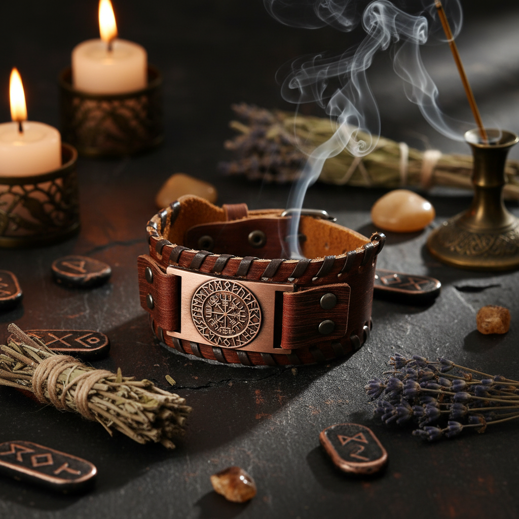 Brown leather bracelet with bronze plaque featuring a circular design on a white background