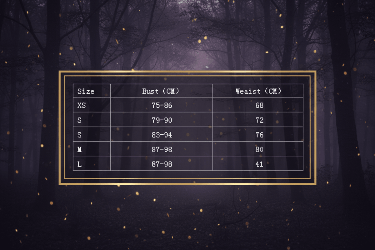 Size chart for clothing with measurements in centimeters