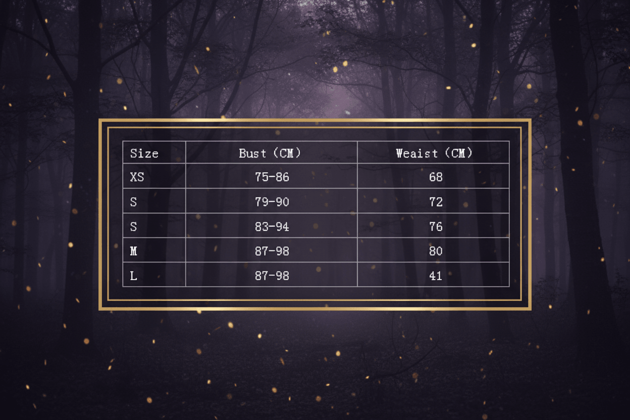 Size chart for clothing with measurements in centimeters