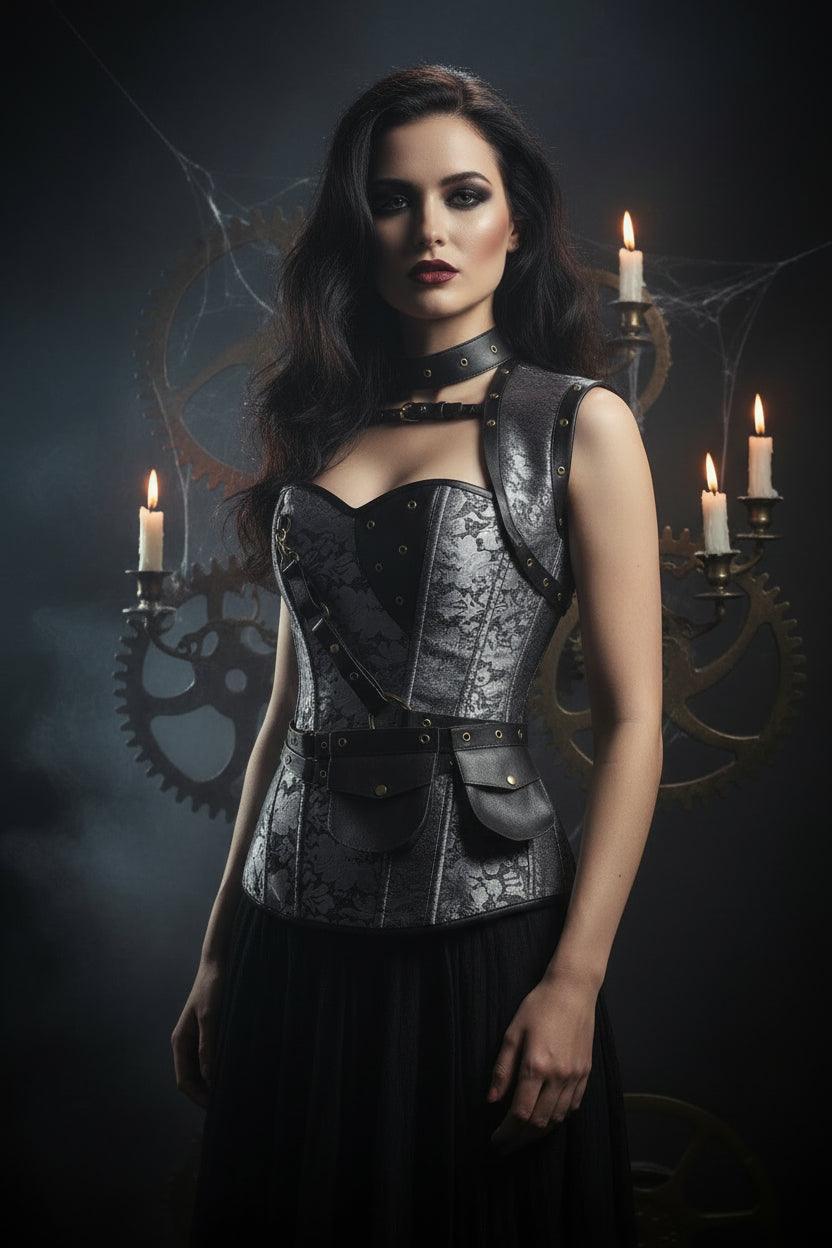 Steampunk-style corset with intricate details on a white background