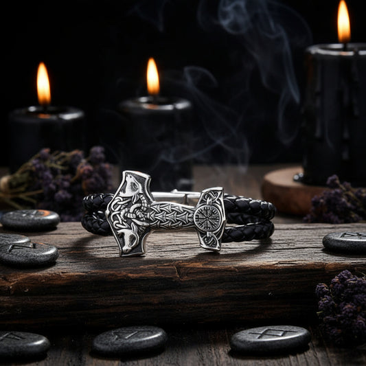 Bracelet with Thor's hammer design on a black braided cord against a dark background