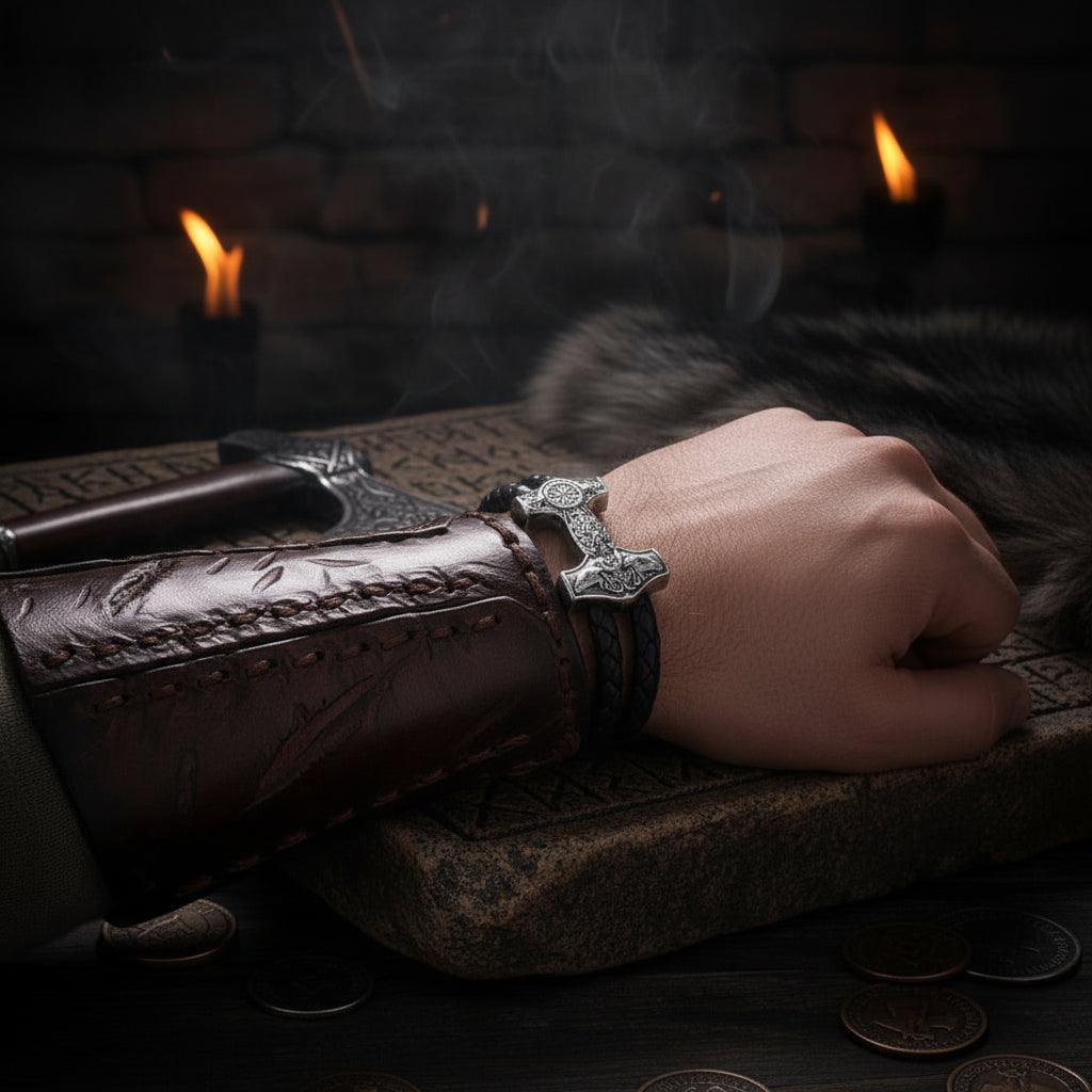 Black braided leather bracelet with silver Thor's hammer charm on a wooden surface