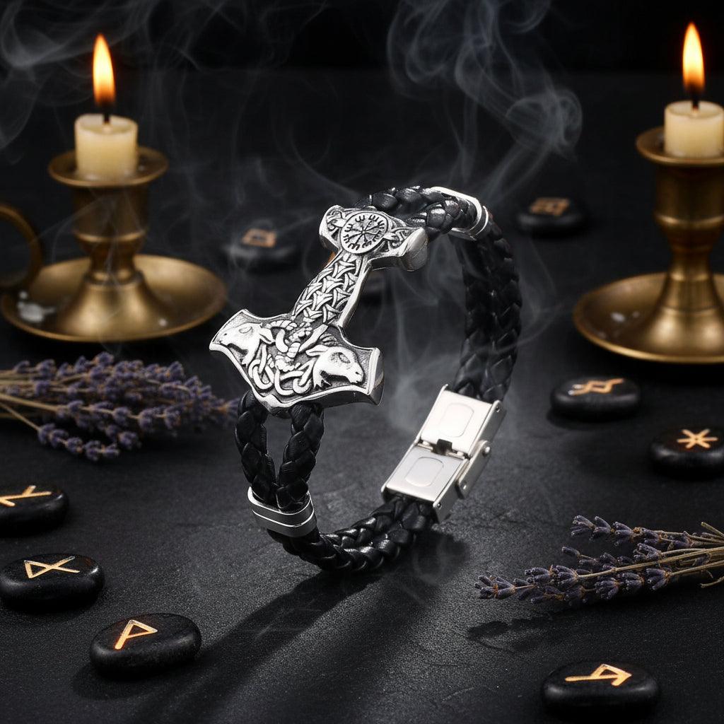 Bracelet with Thor's hammer design on a black braided cord against a dark background