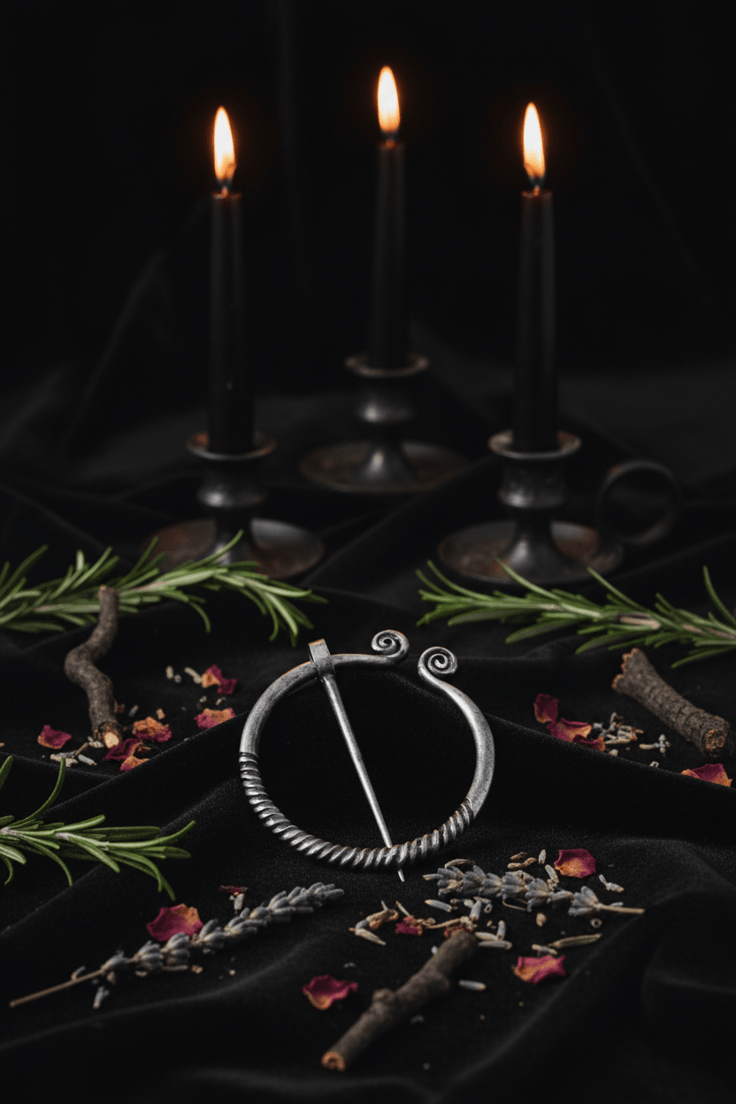 Silver brooch with intricate design on a wooden surface