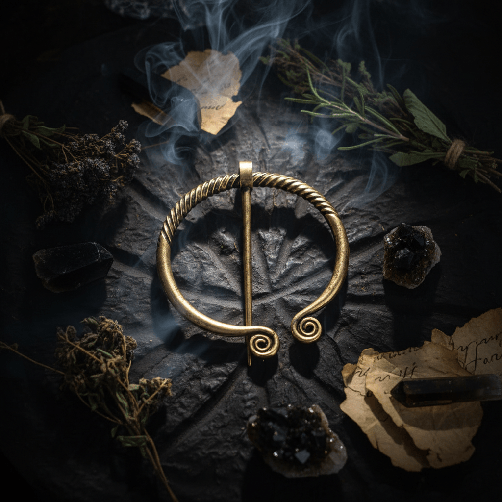 Bronze brooch on a wooden surface