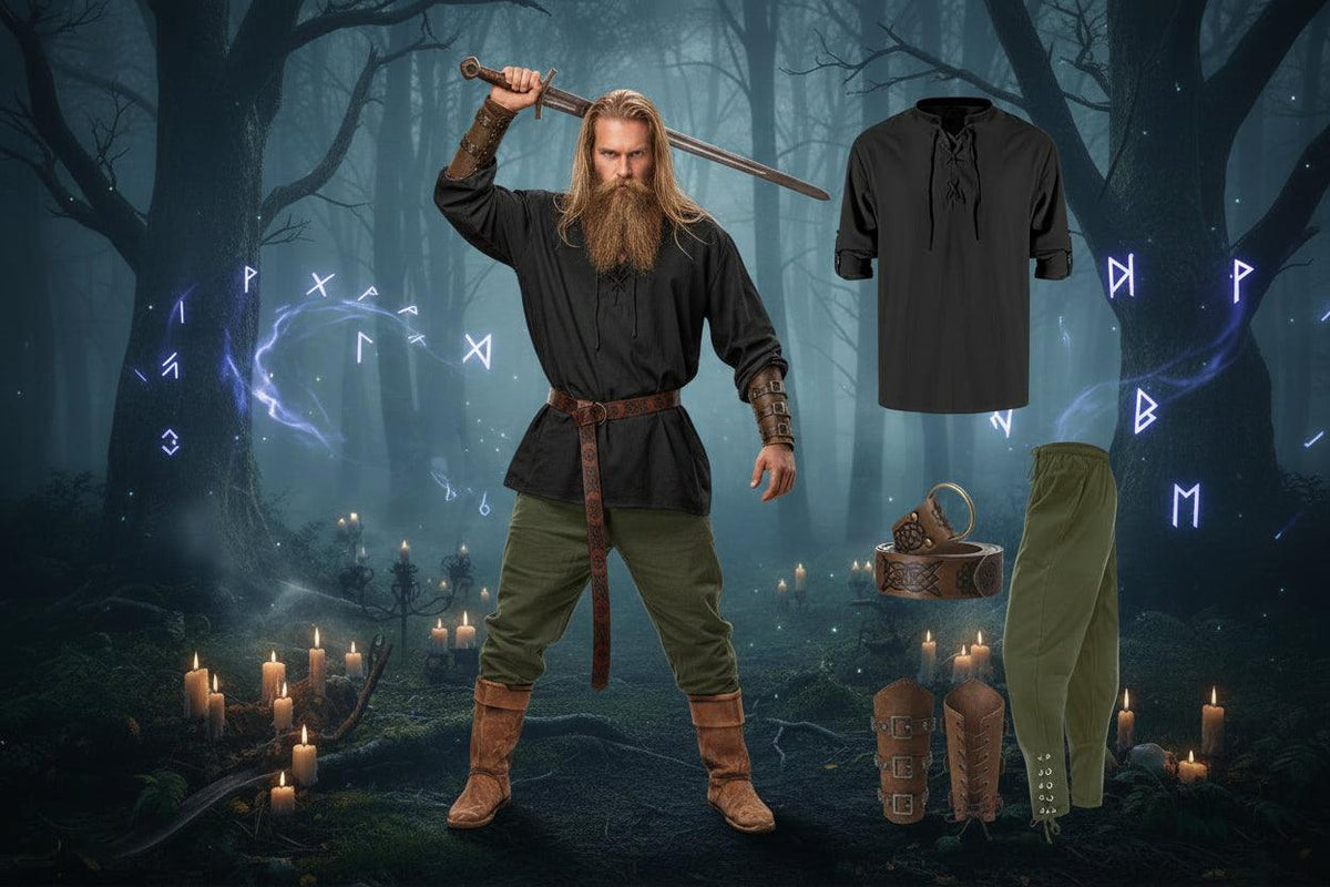 Man in Viking costume with black shirt, green pants, brown boots, and accessories on a white background