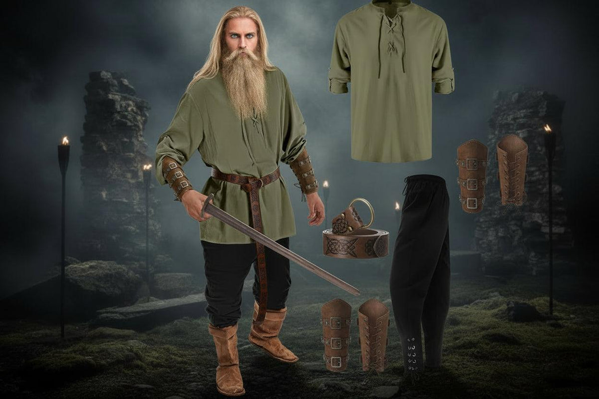 Man in Viking costume with green shirt, black pants, brown boots, and accessories on a white background