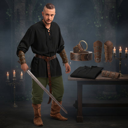 Man in Viking costume with black shirt, green pants, brown boots, and accessories on a white background