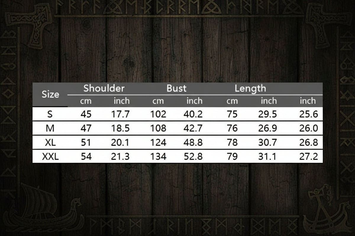 Table displaying clothing size chart with measurements in centimeters and inches.