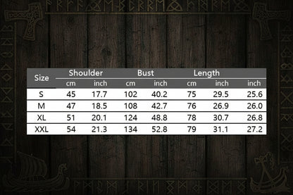 Table displaying clothing size chart with measurements in centimeters and inches.