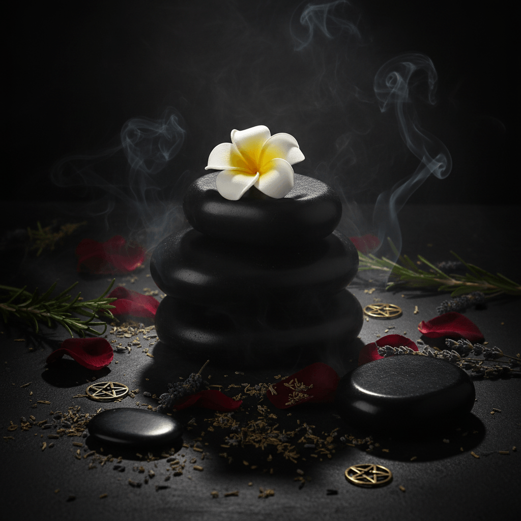 Stack of black stones with a white flower on a white background