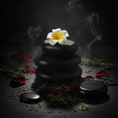 Stack of black stones with a white flower on a white background