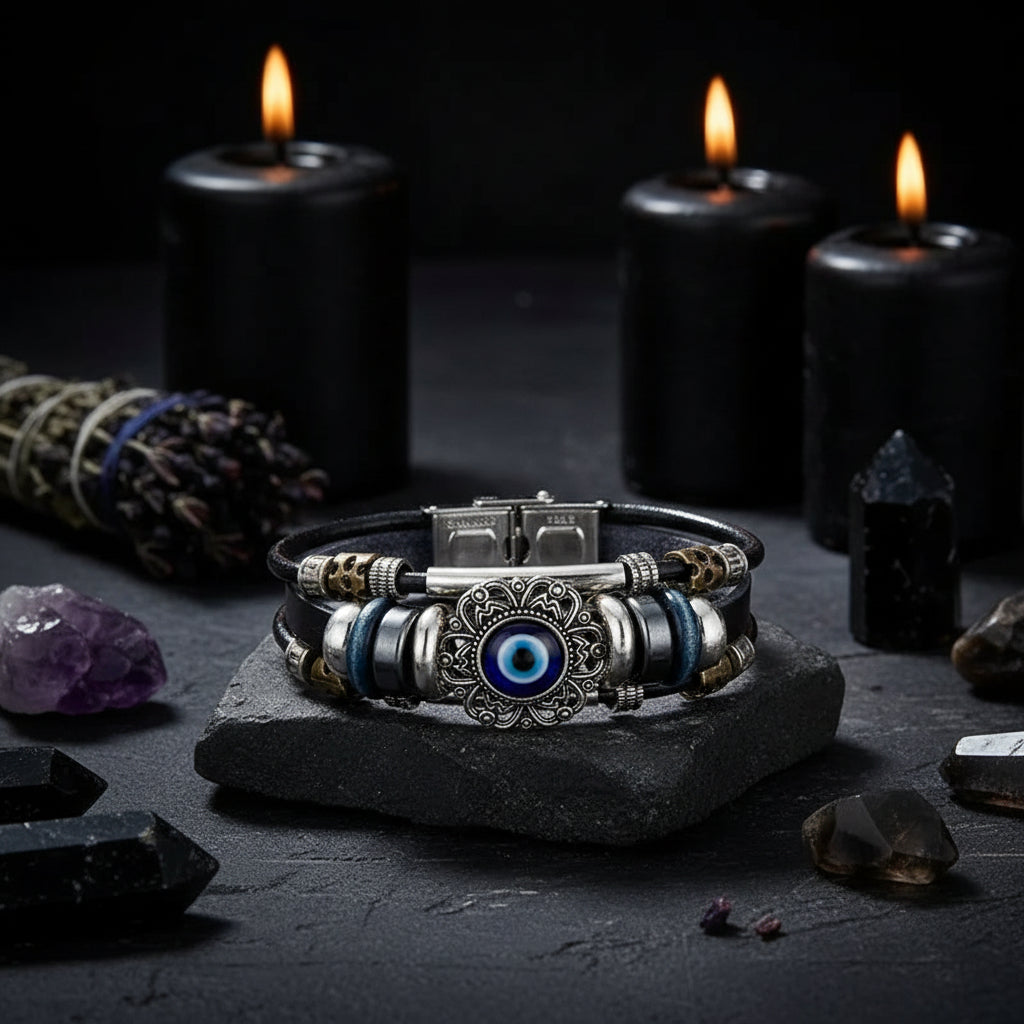 Vintage Hollow Evil Eye Stainless Steel Turquoise Bracelet Sorceress Sanctuary