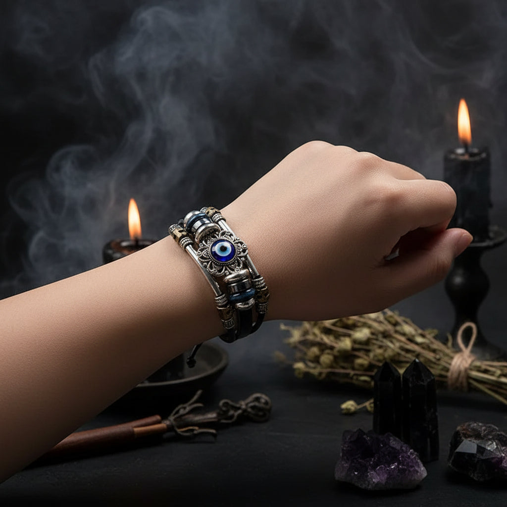 Vintage Hollow Evil Eye Stainless Steel Turquoise Bracelet Sorceress Sanctuary