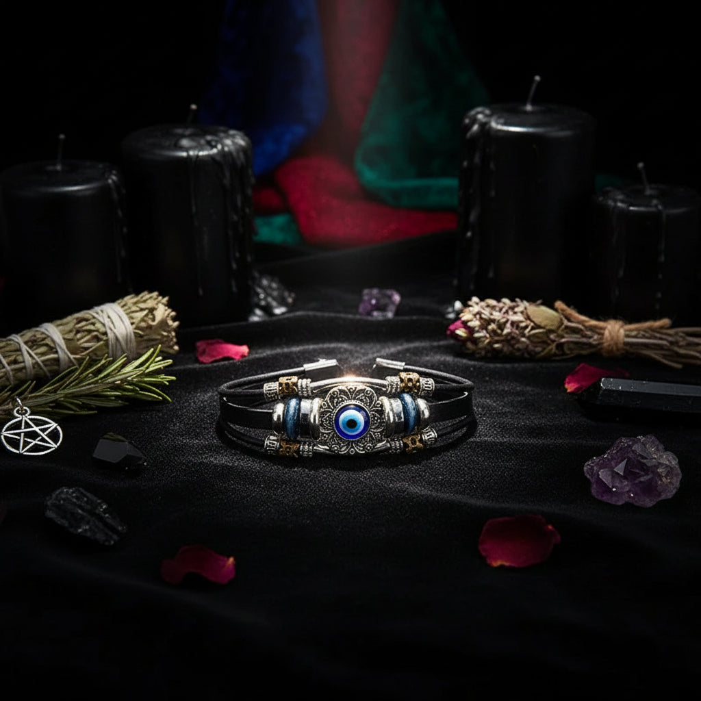 Vintage Hollow Evil Eye Stainless Steel Turquoise Bracelet Sorceress Sanctuary