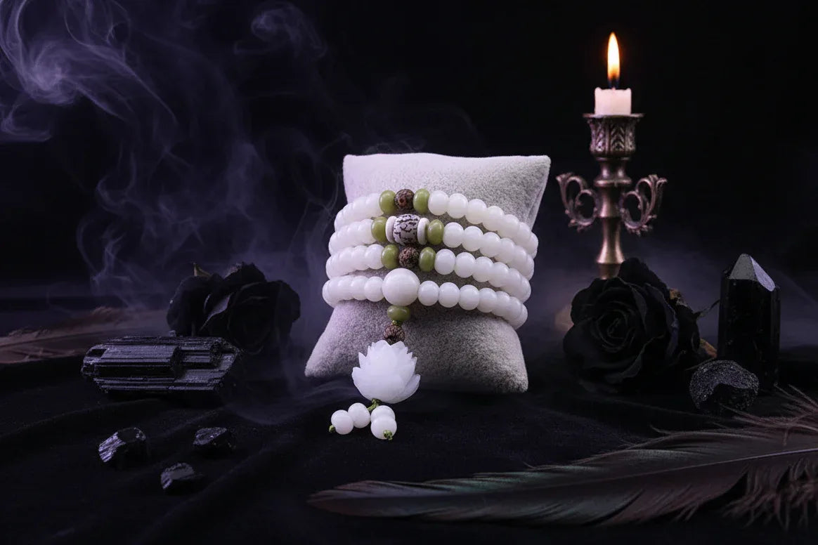 White Jade Bracelet - Sorceress Sanctuary Single Circle Style 5-6x8 Red Dot Lotus-6x8 Lotus With Leather-6x8Five Layer Lotus Flower-Single Circle Style 1