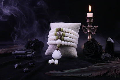 White Jade Bracelet - Sorceress Sanctuary Single Circle Style 5-6x8 Red Dot Lotus-6x8 Lotus With Leather-6x8Five Layer Lotus Flower-Single Circle Style 1