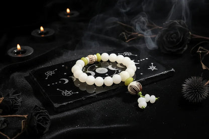 White Jade Bracelet - Sorceress Sanctuary Single Circle Style 5-6x8 Red Dot Lotus-6x8 Lotus With Leather-6x8Five Layer Lotus Flower-Single Circle Style 1