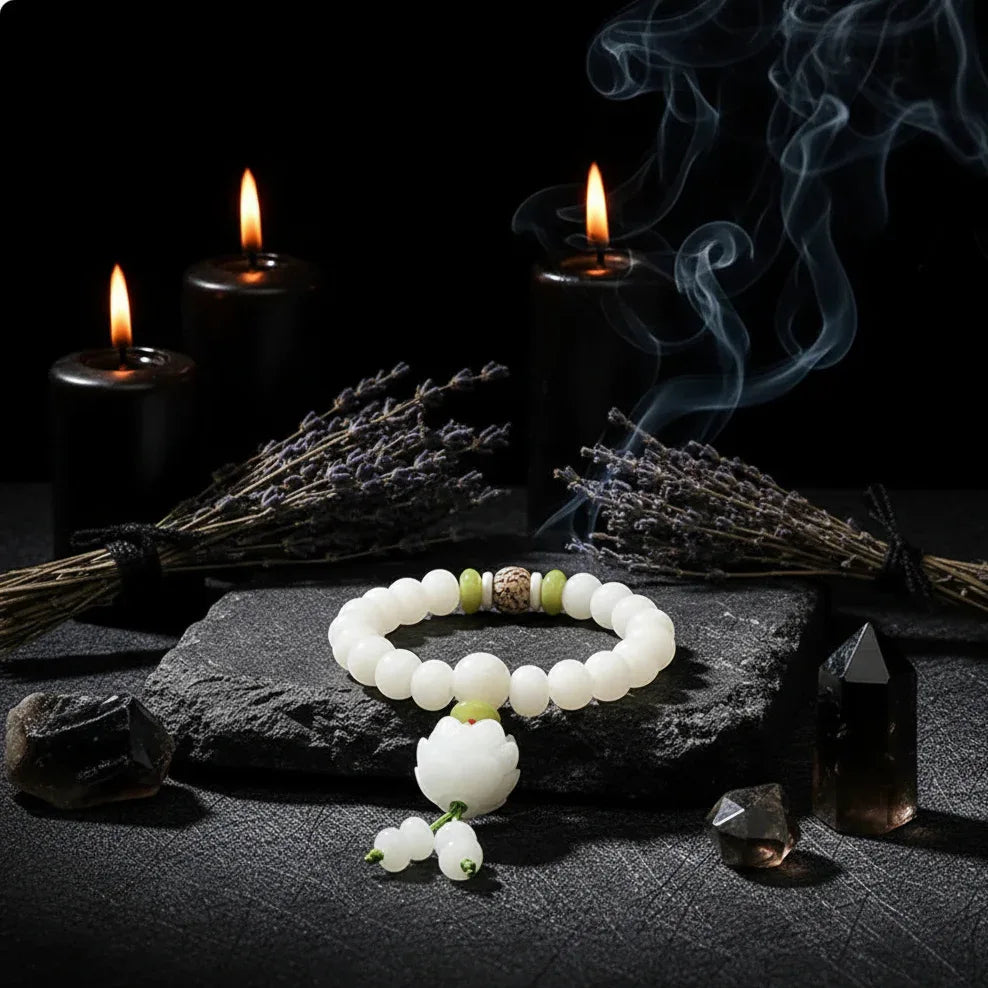 White Jade Bracelet - Sorceress Sanctuary Single Circle Style 5-6x8 Red Dot Lotus-6x8 Lotus With Leather-6x8Five Layer Lotus Flower-Single Circle Style 1