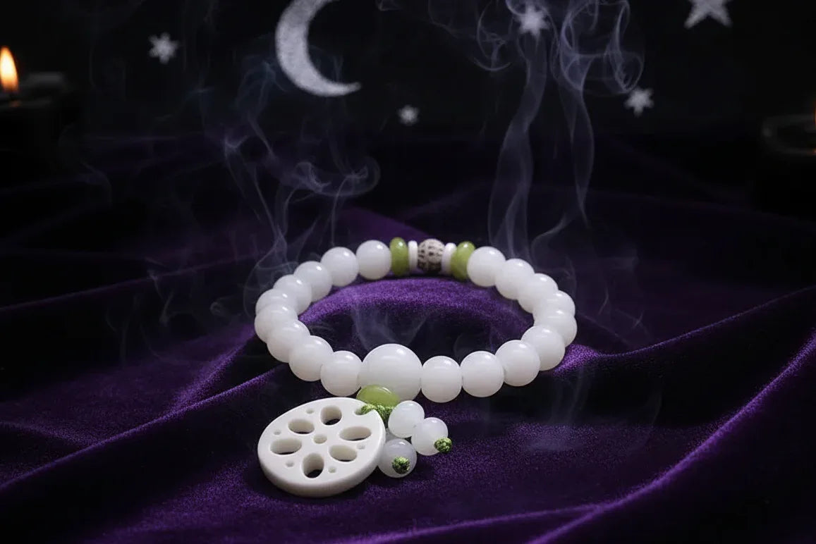 White Jade Bracelet - Sorceress Sanctuary Single Circle Style 5-6x8 Red Dot Lotus-6x8 Lotus With Leather-6x8Five Layer Lotus Flower-Single Circle Style 1