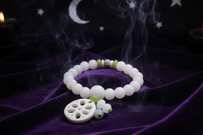 White Jade Bracelet - Sorceress Sanctuary Single Circle Style 5-6x8 Red Dot Lotus-6x8 Lotus With Leather-6x8Five Layer Lotus Flower-Single Circle Style 1