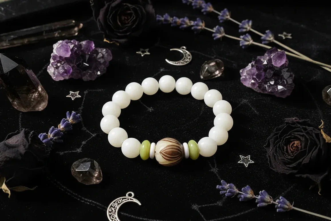 White Jade Bracelet - Sorceress Sanctuary Single Circle Style 5-6x8 Red Dot Lotus-6x8 Lotus With Leather-6x8Five Layer Lotus Flower-Single Circle Style 1