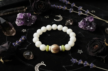 White Jade Bracelet - Sorceress Sanctuary Single Circle Style 5-6x8 Red Dot Lotus-6x8 Lotus With Leather-6x8Five Layer Lotus Flower-Single Circle Style 1