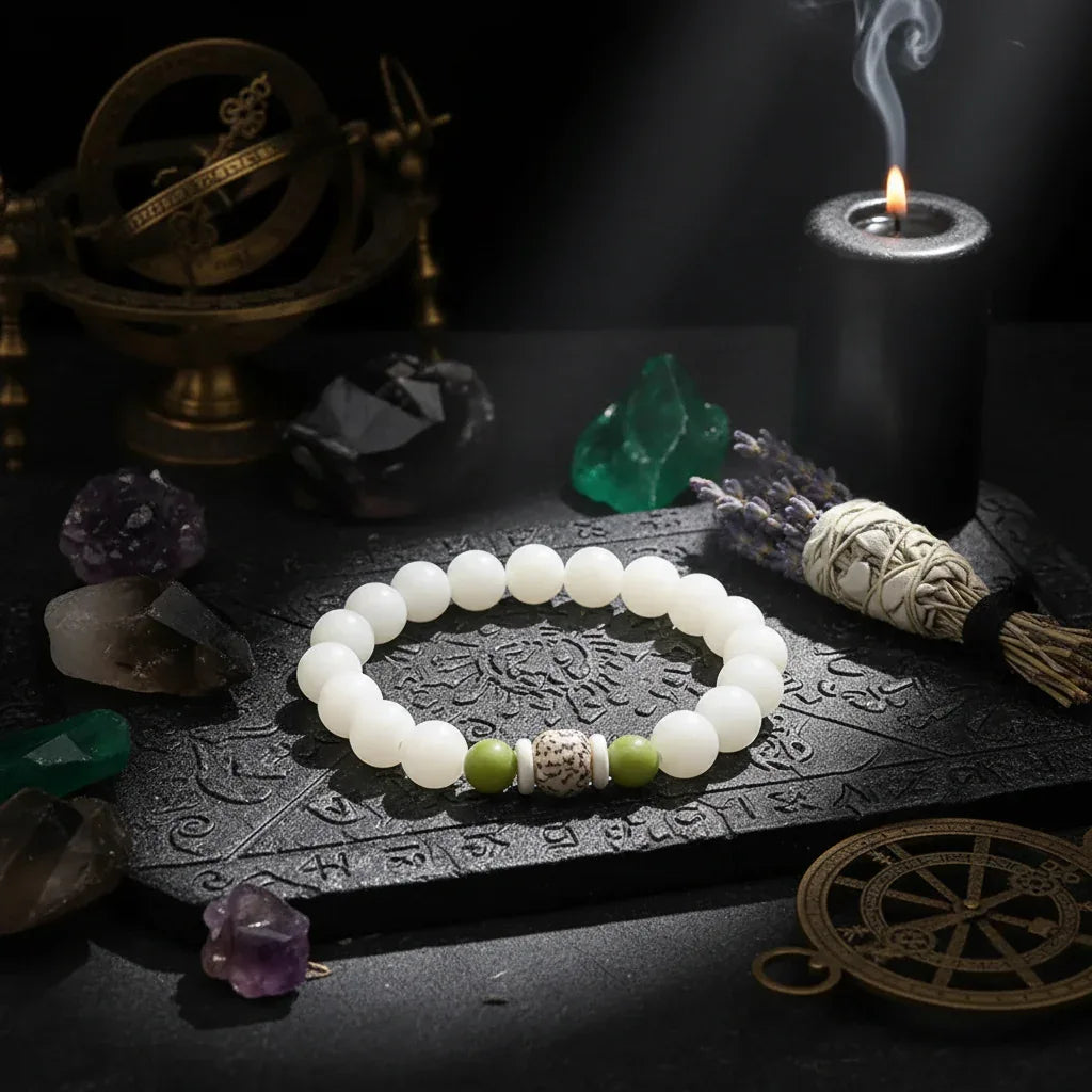 White Jade Bracelet - Sorceress Sanctuary Single Circle Style 5-6x8 Red Dot Lotus-6x8 Lotus With Leather-6x8Five Layer Lotus Flower-Single Circle Style 1