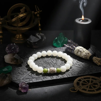 White Jade Bracelet - Sorceress Sanctuary Single Circle Style 5-6x8 Red Dot Lotus-6x8 Lotus With Leather-6x8Five Layer Lotus Flower-Single Circle Style 1