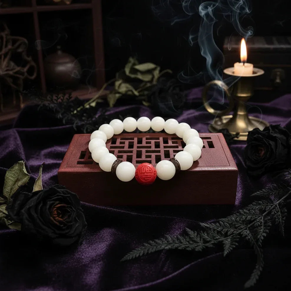 White Jade Bracelet - Sorceress Sanctuary Single Circle Style 5-6x8 Red Dot Lotus-6x8 Lotus With Leather-6x8Five Layer Lotus Flower-Single Circle Style 1